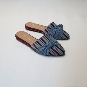 Twin-Set Striped Pointed Mules with Lace Bow. Size 37(6.5-7)